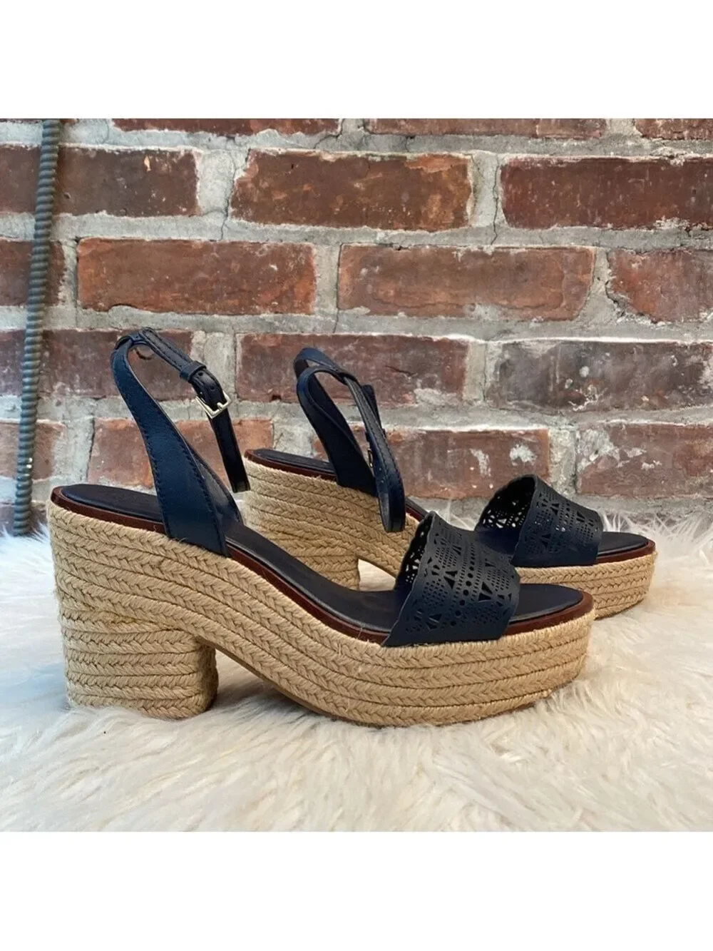 Tory Burch Roselle Navy Laser Cut Leather Platform Espadrille Sandals, Size 10.5
